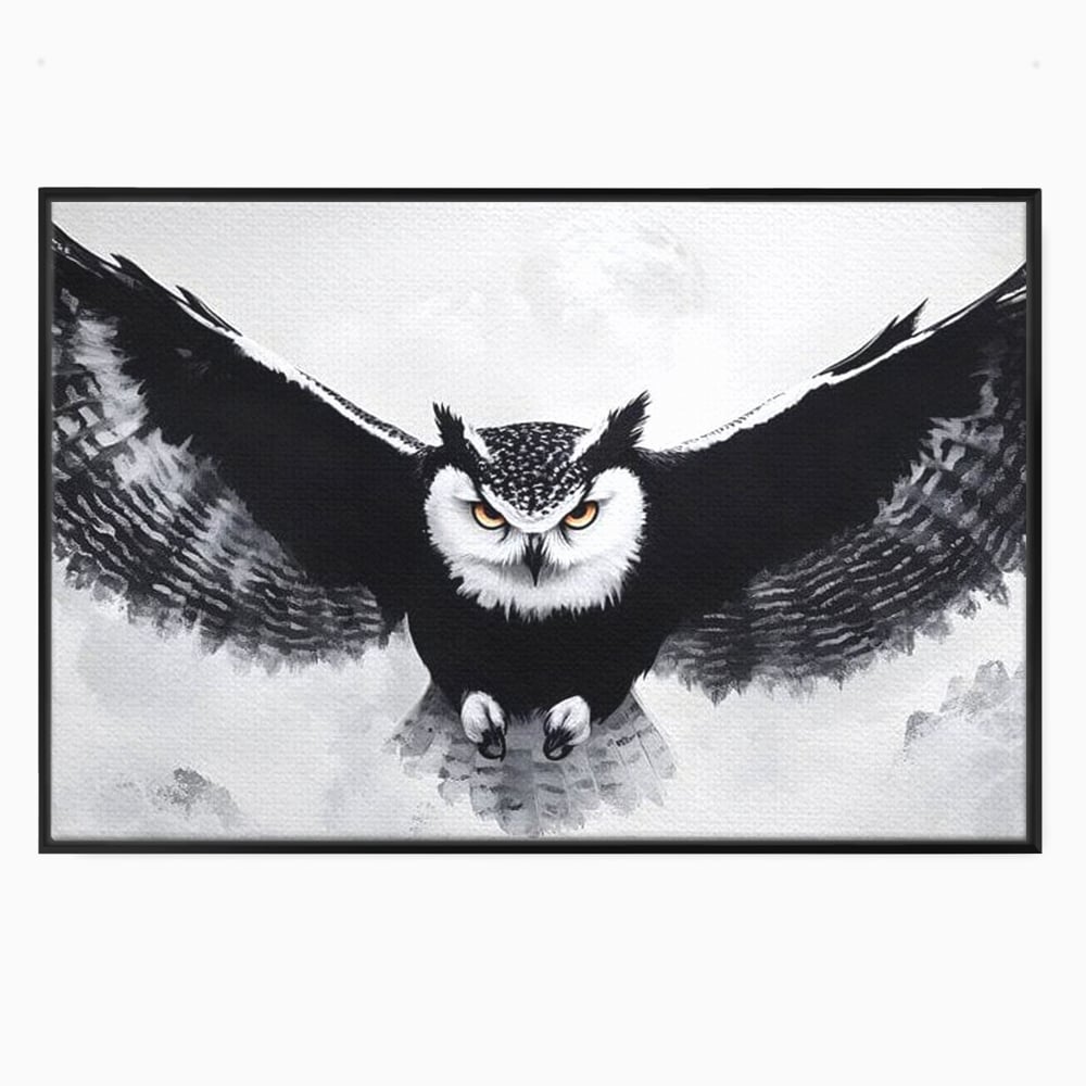 Tablou canvas cu tablou canvas cu bufnita in zbor, in rama de aluminiu negru